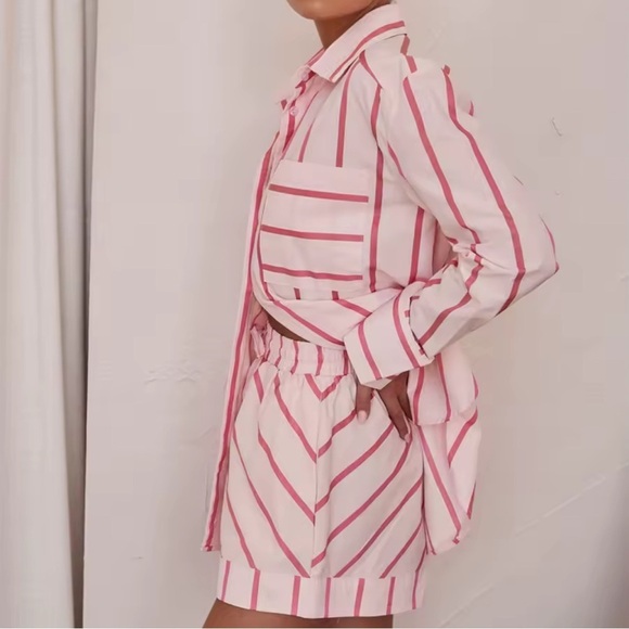 Pink Striped Women's Top and Shorts - Picture 2 of 4
